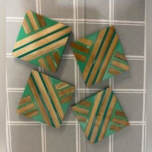 Drink Coasters Set of 4 Resin Aqua Green Bamboo Wood Cork Feet
